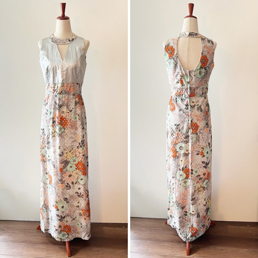 True Vintage 70s Mary Martin Floral Silver Metallic Sleeveless Maxi Dress Small